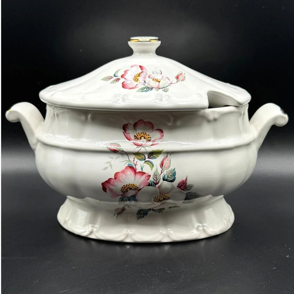 House of Webster Briar Rose Soup Tureen with Lid Cottage Gold Trim White Ceramic